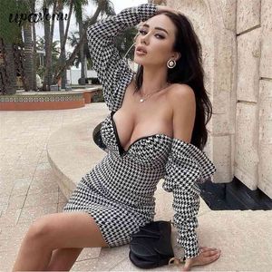 Gratis Trendy Houndstooth Pattern Design Jurk Sexy Off Shoulder Draped Celebrity Party Club Mini Vestidos 210524