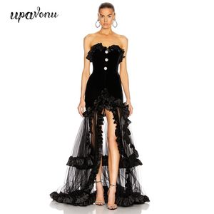 Gratis Vrouwen Celebrity Club Runway Party Jurk Vestidos Strapless Mouwloze Mesh Ruffled Bandage Midi Jurken 210524