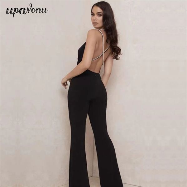 Free Women's Sexy Halter Jumpsuit V-cou sans manches Slim Black Flare Elegant Celebrity Party 210524