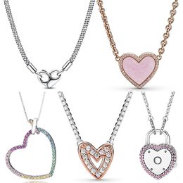 Freehand Rainbow Heart Lock Your Promise Collar de cadena con tachuelas Collar de plata de ley 925 para Europa Bead Charm DIY Jewelry