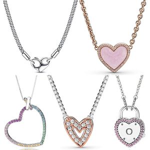 Freehand Rainbow Heart Lock Your Promise Studded Collier 925 Sterling zilveren ketting voor Europa Bead Charm DIY sieraden