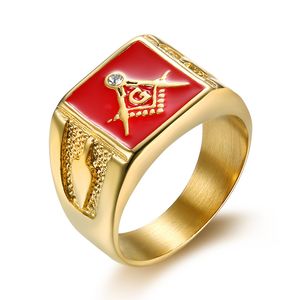 Vrijmetselaars Masonic Regalia Signet Ringen Gouden Heren Rvs Ring Hoog Gepolijst Rood Emaille Broederschap Bruiloft Band Ring voor Dames Sieraden