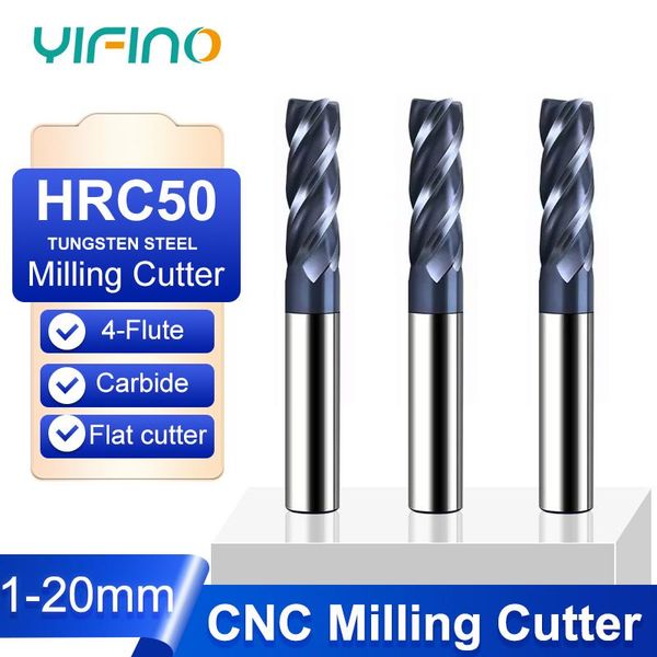 Libera YIFINO HRC50 Molino de extremo de acero de tungsteno cortador de fondo plano de 4 flautas carburo de nanorecubrimiento para herramientas de fresado mecánico CNC
