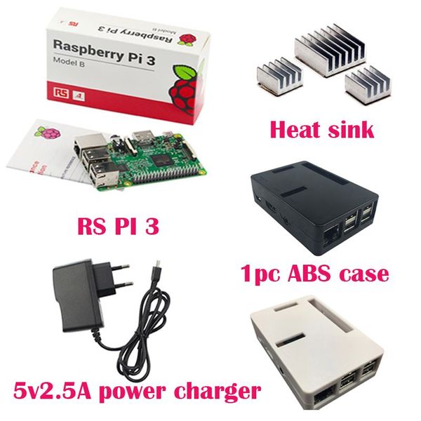 Freeshiping UK RS Versión Raspberry pi 3 + 3pcs Disipador de calor de aluminio + Raspberry pi 3 ABS Case Box + 5V2.5A enchufe del cargador de energía para Raspberry pi 3 B