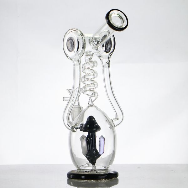 Muelle en espiral congelable Bong de vidrio Cachimbas Percolador de setas Plataforma para fumar Reciclador doble Pipas de agua 9,8 pulgadas de espesor Plataformas de dab Tabaco con tazón de 14 mm