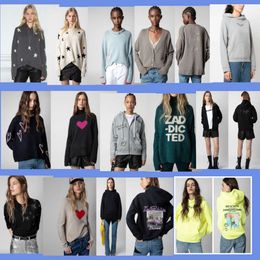 Français 23AW Zadig Voltaire Sweats à capuche pour femmes Sweats à capuche pour femmes Encre blanche de noix de coco Impression numérique Coton Col rond Manches raglan Pull pour femmes