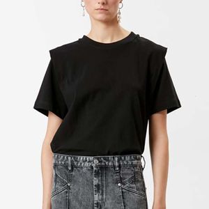 Franse 24ss Designer T-shirt voor vrouwen zomer nieuwe casual mode gepersonaliseerde schoudervulling round nek solid top dames veelzijdige losse korte mouwen t-shirt