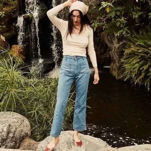 French 24SS Summer et Spring Designer Female Jeans Jeans élastique Taies avec des poches de poche double et Micro Flare Loose Pantal