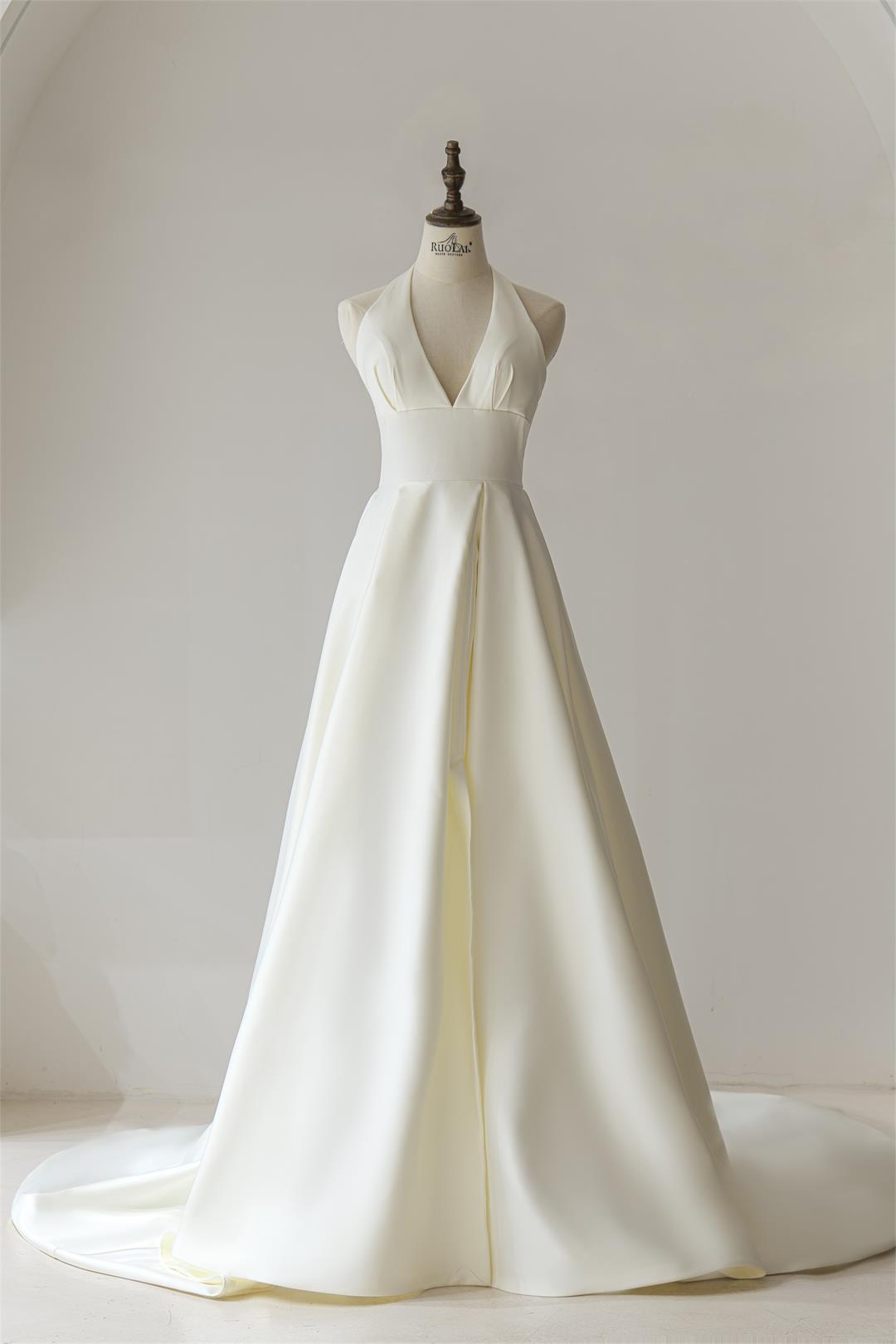 Franska a-line bröllopsklänningar Deep v Satin Simple Hepburn Style Backless Tight Bodice Bohemian Retro Charming RL1098