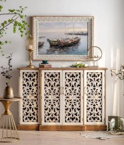 Franse antieke vintage industriële rustieke meubels, massief hout, natuurlijk dressoir, 4 uitgeholde carvingdeuren, nieuw, 2024