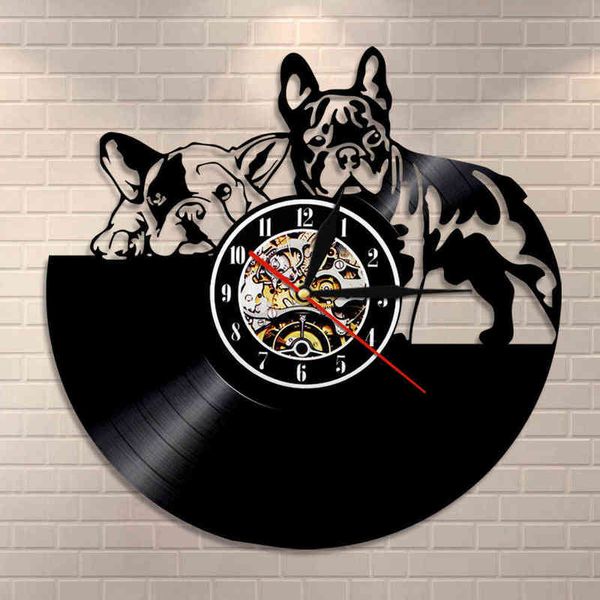 Bouledogue Français Couple Wall Art Home Decor Horloge Murale En Disque Vinyle Moderne Chiot Chien Horloge Murale Chien Race Chien Propriétaires Cadeau H1230