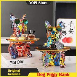 Decoración de la bandeja de bulldog francés Estatua de perros Piggy Bank Escultura animal de animales Decoración del hogar de lujo Figuras de figuras adornos 231221