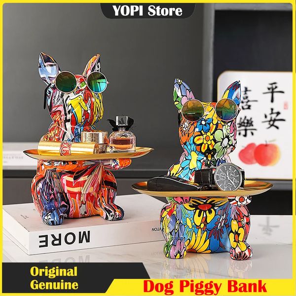 Bulldog plateau décor de décoration de chien statue piggy banc de résine animal sculpture de luxe décoration maison artisanat figurine table ornements 231221