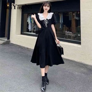 Franse Casual Plus Size Midi Jurken Womens Vintage Koreaanse Romantiek Streetwear Kawaii Patchwork Dress Black Vestido 4XL 210506