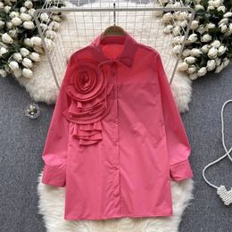 French Chic Women Blouse Fashion 3d Floral Long Puff Sleeve Col de retein Lacet Up Up Automne Reduducing Female Tops Dropship 240322