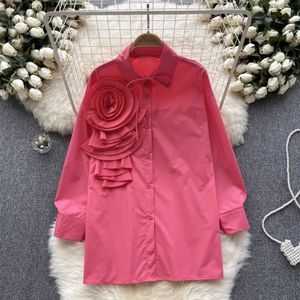 French Chic Women Blouse Fashion 3d Floral Long Puff Sleeve Col de retein Lacet Up Up Automne Reduducing Female Tops Dropship 240424
