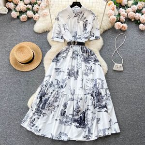 Franse hofstijl polosnek jurk zomer inkt print taille gewikkeld licht luxe elegante jurk
