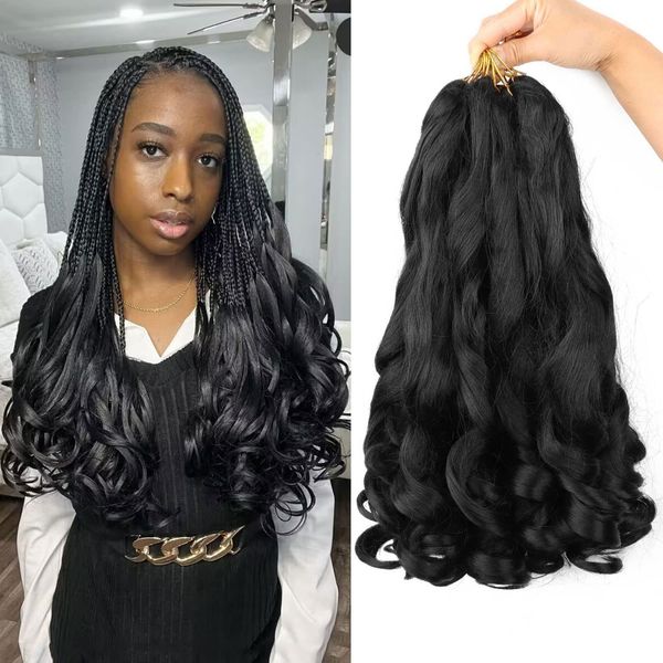 Cheveux tressés bouclés français 22 pouces, cheveux tressés noirs bouclés, 75 g/paquet, boucles Yaki pré-étirées, ondulées et rebondissantes, extensions de cheveux tressés pour femmes noires LS04