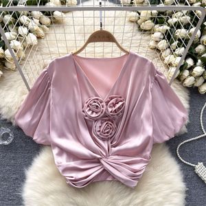 Frans design sense niche bubble mouw top dames zomer kleding stijlvol en unieke driedimensionale bloem twisted short shirt trend