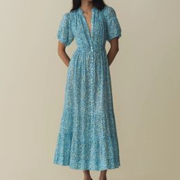 French Doen Haleigh 2024 Été Nouveau robe à imprimé floral bleu rétro