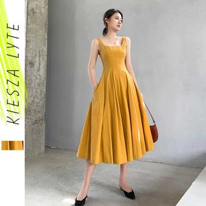 Franse jurk zomer fee gele hoge taille vierkante nek een lijn jurken dames vrouwelijke sexy robe de soiree 210608