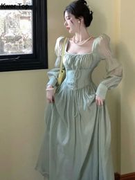 Français élégante lanterne à manches en lacet midi robe d'été femme carrée de coude de coude de soirée de bal de vestidos vestidos mujer automne 240424