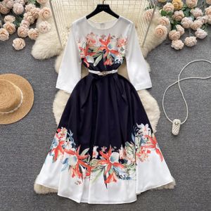 Franse elegante retro high -grade geprinte halve mouw jurk zomer taille wrapshow slank temperament grote swing lange jurk