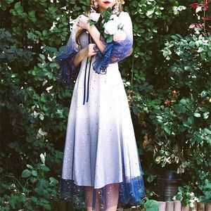 Vestido de hada francesa Mujer Verano Elegante Diseñador Cuello cuadrado Midi Vestido Arco Manga larga linterna Vestido de una pieza Coreano 210409