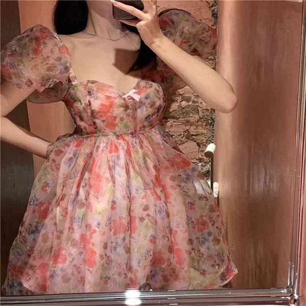 Robe à fleurs française femmes Sexy manches bouffantes dentelle Organza imprimer Mini été Style coréen Vintage fée 210529