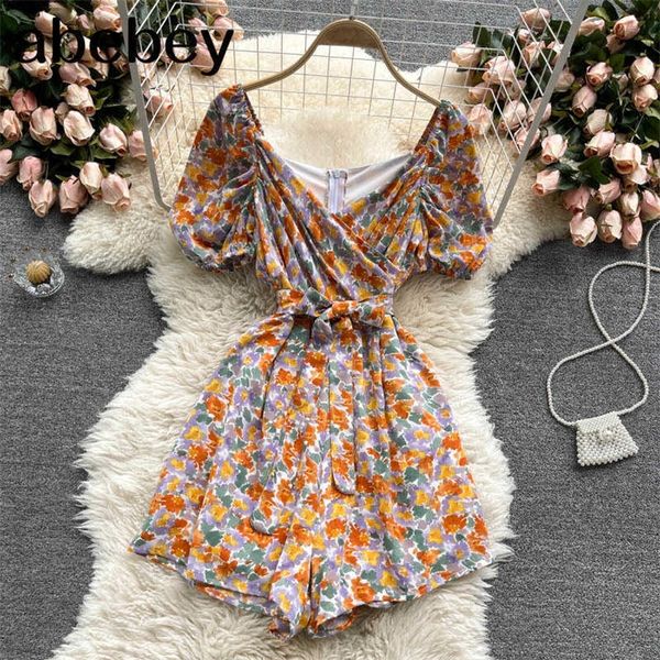 Floral Rompers Femmes Deep V Neck Puff Sleeve Elegant Office Jumps Costume Summer Casual Vacation Wide Jam Suit Croit 210715