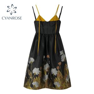 Franse jurken voor vrouwen zomer elegante mode hoge taille vakantie strand casual vintage print spaghetti riem jurk vrouwelijke 210515