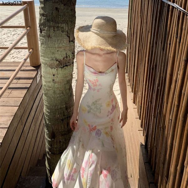 Vestido camisola estampado con espalda descubierta grande de alta costura francesa para mujer en verano con cintura delgada falda larga para vacaciones en la playa Seed