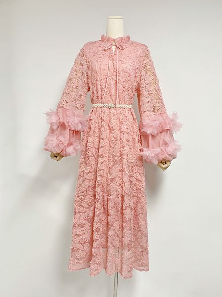 Vestido rosa de alta costura francesa para mujeres 2024 primavera nueva temperamento de malla floral tridimensional falda de tubo recto suelto