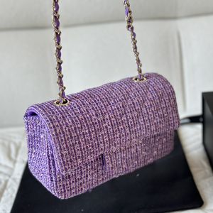 Franse damesontwerper klassieke mini tweed paarse schoudertassen met pailletten glinsteren ghw crossbody schouderhandtassen draai slot telefoonkaart holoder portemonnee 20 cm