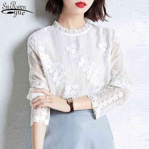 Français à manches longues femmes chemises en vrac élégant brodé fleur col rond coton dentelle femmes Blouse bouffante haut 11442 210427