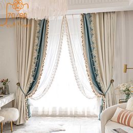Cortina opaca de encaje de costura de lujo americano de seda de imitación de lujo francés para sala de estar cortina de dormitorio 210712