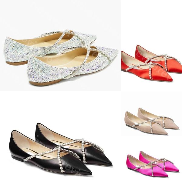 Chaussures plates de luxe françaises pour femmes, sandales de tempérament argenté, paillettes de cristal, sangle croisée, chaussures plates pointues, Sexy, coupe peu profonde, chaussures simples, chaussures habillées