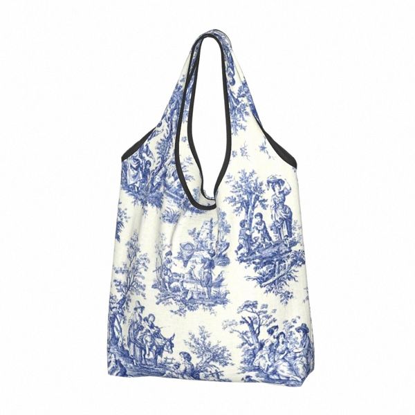 Navy Blue Bleu Toile de Jouy motif motif d'épicerie Shop Shopper Tote Tote Sac Grand Traditial France Art Handbag R5pq #