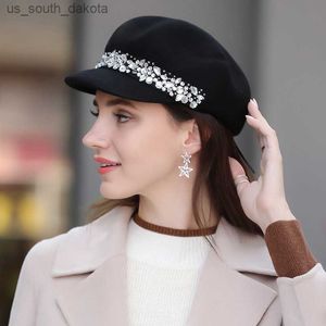 Français nouveau style chapeau dame automne hiver béret chapeau haut de forme britannique citrouille chapeau laine chapeau mode strass laine feutre chapeau L230523