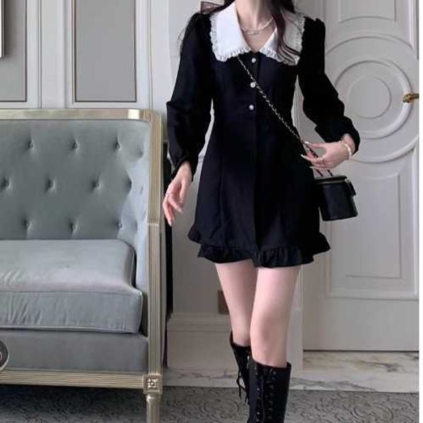 Falda corta con cuello de muñeca de nicho francés para mujer en primavera con cinturilla falda pequeña y picante para niña vestido negro de manga larga