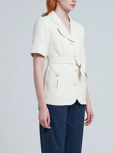 Franse niche pak kraag highded korte mouwen grove tweed veter omhoog taille cinching slanke jas top voor vrouwen 240506
