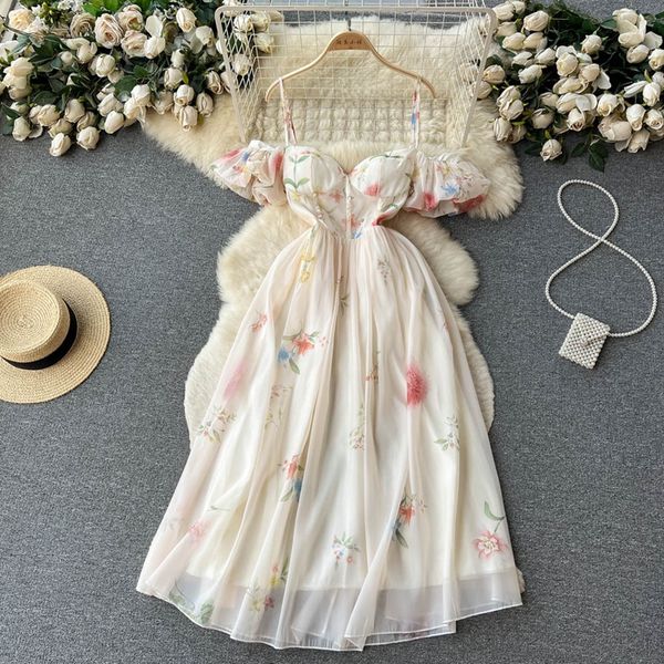 French Off Brodge sans camisole Robe Femme Summer Stume Gentle Sempor Coiche Floral Puff Sleeves Mesh Fairy Robe