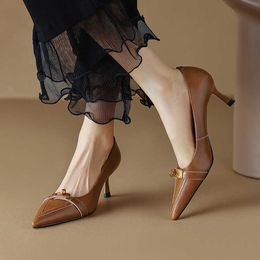 Chaussures simples pointues françaises talons fins talons hauts cuir de vache peu profond noir marron mode chaussures pour femmes 230209