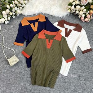 Polo français Couleur contrastant Pulle en tricot pour les femmes de style extérieur extérieur Slim Fit à manches minces t-shirt t-shirt Top