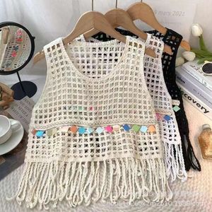 Frans retro design vest mesh bovenkleding zomer uitgeholde gebreide kwastje halter mouwloze top voor dames