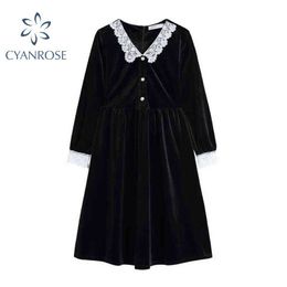 Robe rétro française femmes dentelle patchwork noir velours col en V robes de soirée élégantes dame 2021 bouton décontracté marée mi-mollet vestiods Y1204