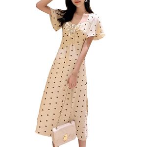 Franse retro polka dot sexy jurk vrouwelijke mid-length mode zomer korte mouw gedrukt lace-up vestidos plus size 210601