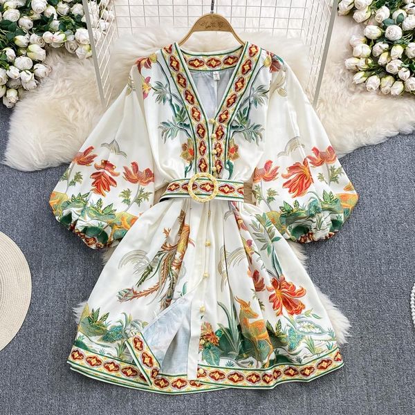 Robes décontractées 2024 Printemps Mode Vacances Rétro Peinture Imprimer Robe Femmes Vêtements Piste V Cou Longue Lanterne Manches Ceinturée Mini Robe