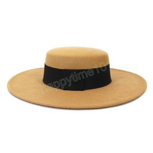 Français rétro femmes Fedora chapeau automne hiver élégant haut plat laine artificielle robe casquette 10CM grand bord église Jazz chapeaux