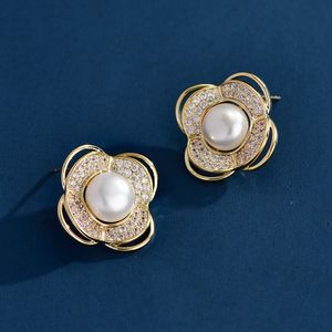 French romantic high-end zircon pearl flower women stud earrings jewelry plated 18k gold S925 silver needle temperament earrings